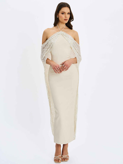 Quimera Almond Beaded Cape Halter Off-Shoulder Maxi Gown