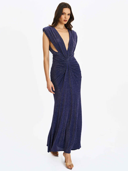 Terri Navy Sparkle Plunging Backless Maxi Dress