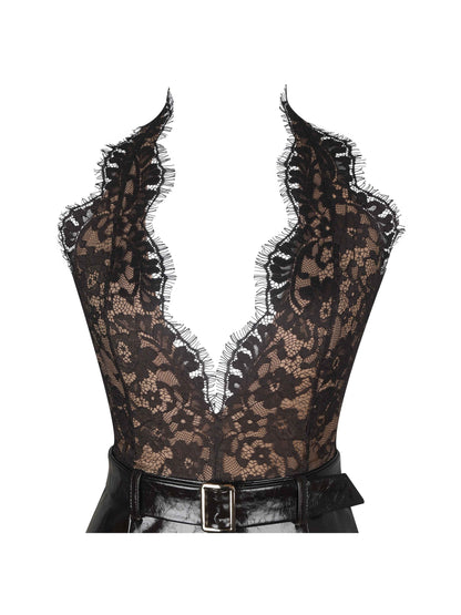 Faris Mahogany Plunging Halter Belted Mini Dress