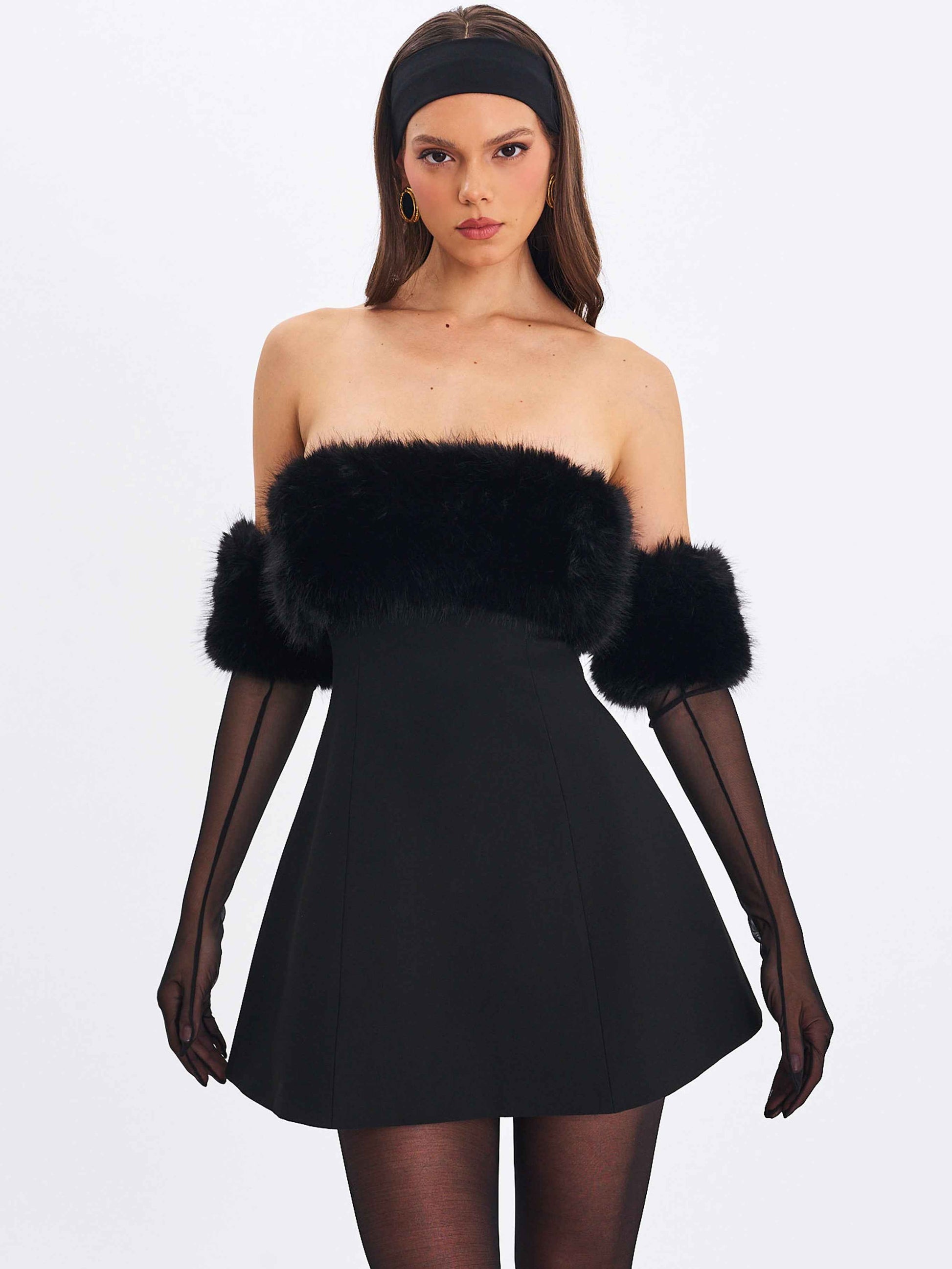 Evelyn Black Fur-Trimmed Mini A-Line Dress
