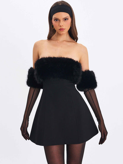 Evelyn Black Fur-Trimmed Mini A-Line Dress