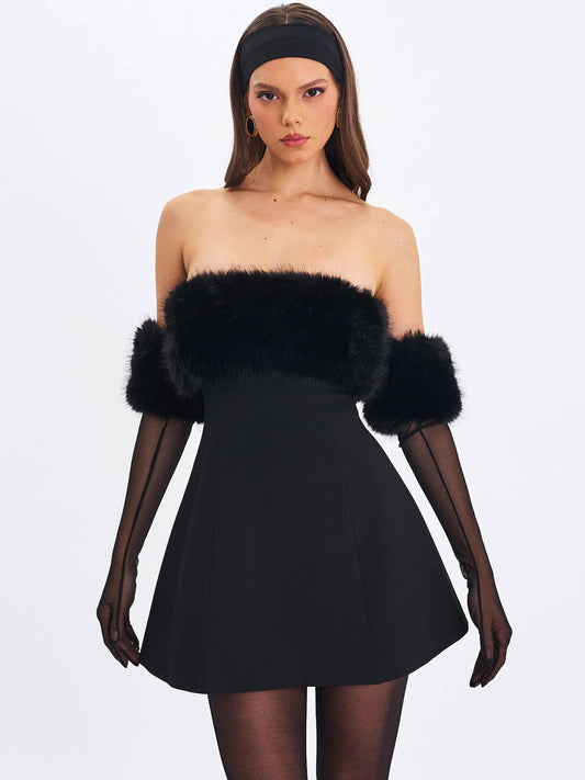 Evelyn Black Fur-Trimmed Mini A-Line Dress