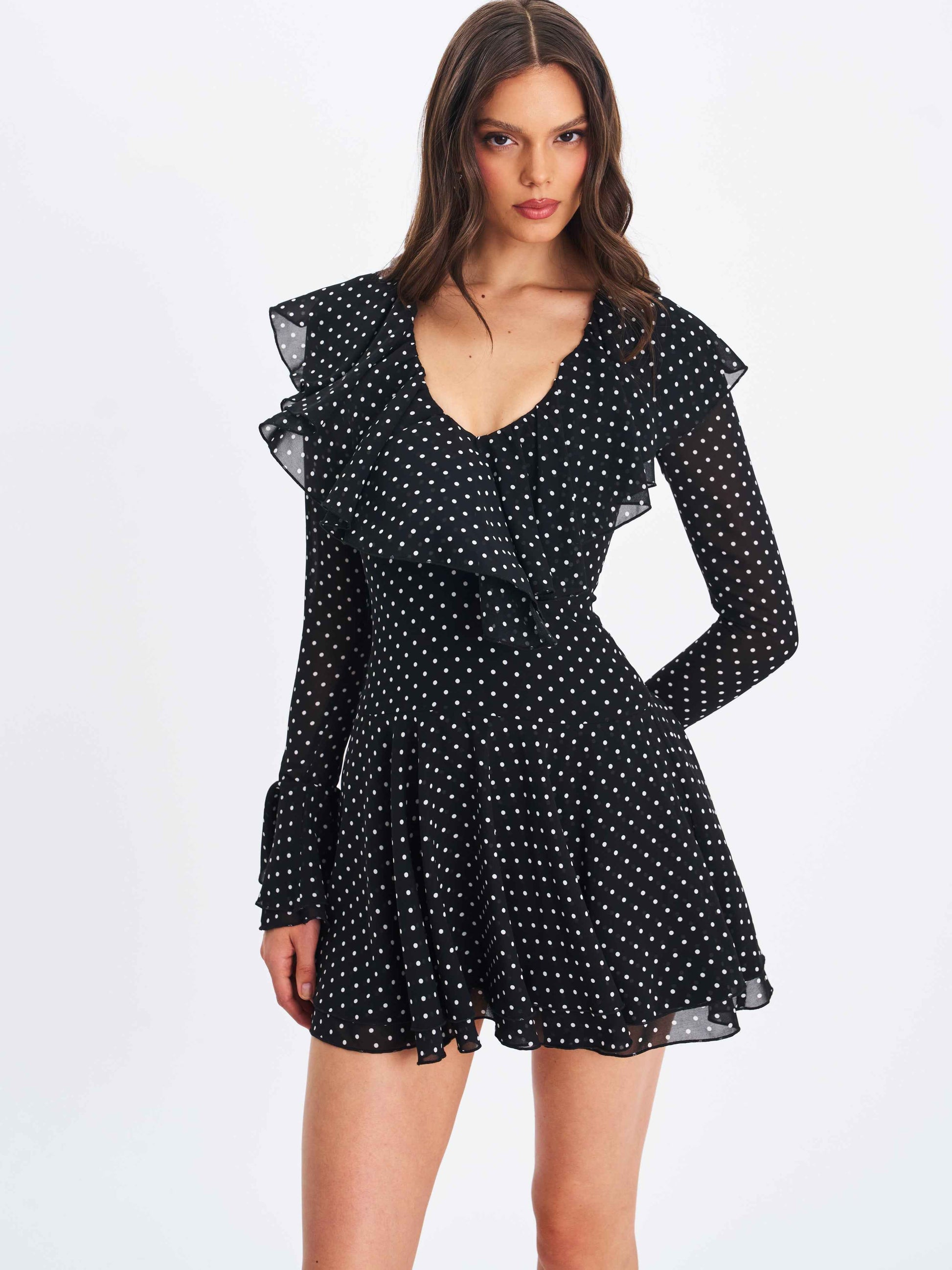 Omari Black Chiffon Polka Dot Ruffled Neckline Mini Dress