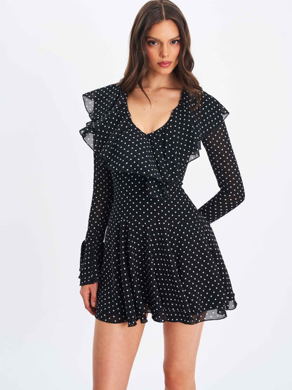 Omari Black Chiffon Polka Dot Ruffled Neckline Mini Dress