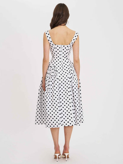 Rahma Polka Dot Drop Waist Midi Cotton Poplin Dress