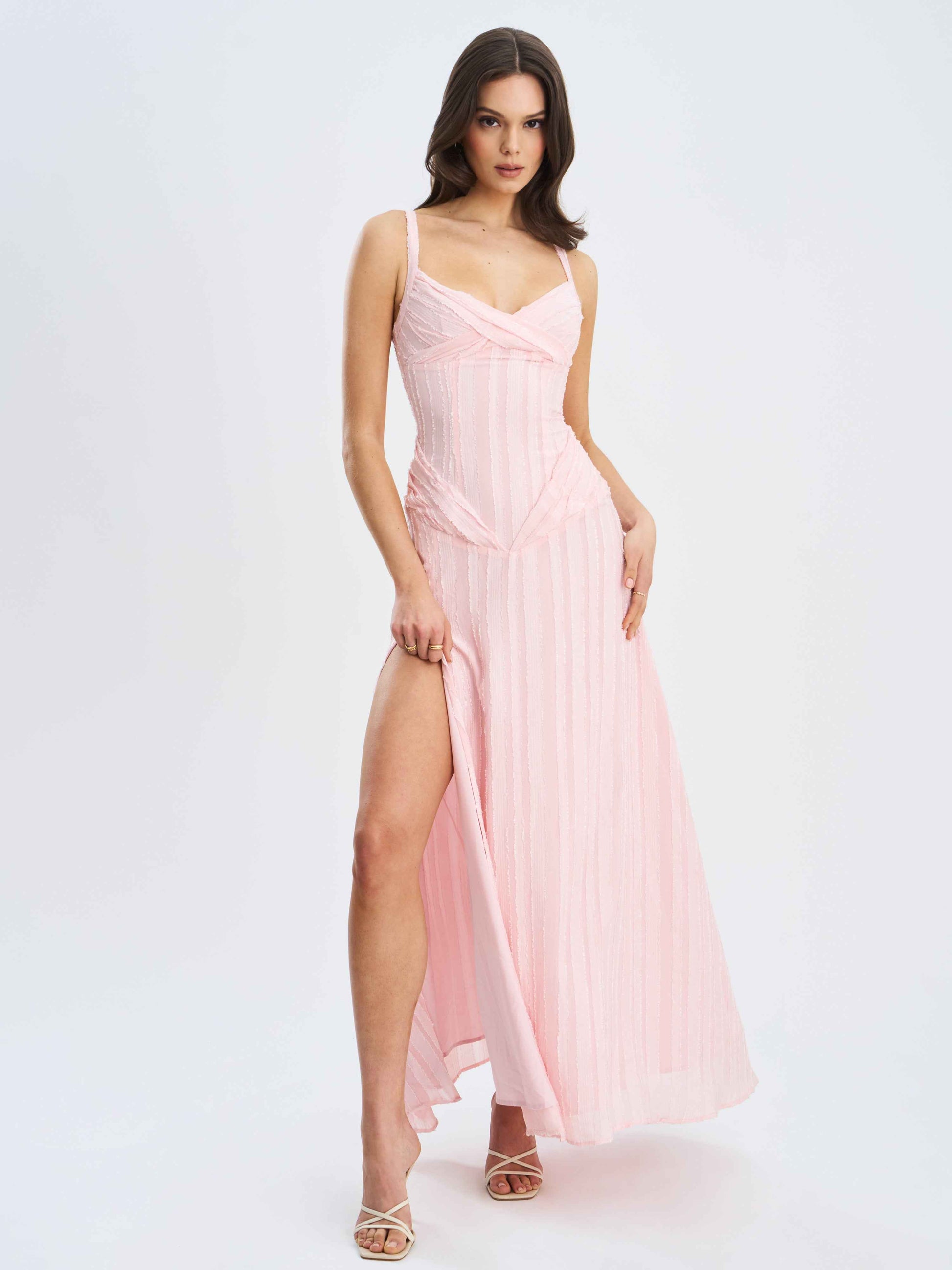 Mallory Baby Pink Stripe Jacquard High Slit Gown