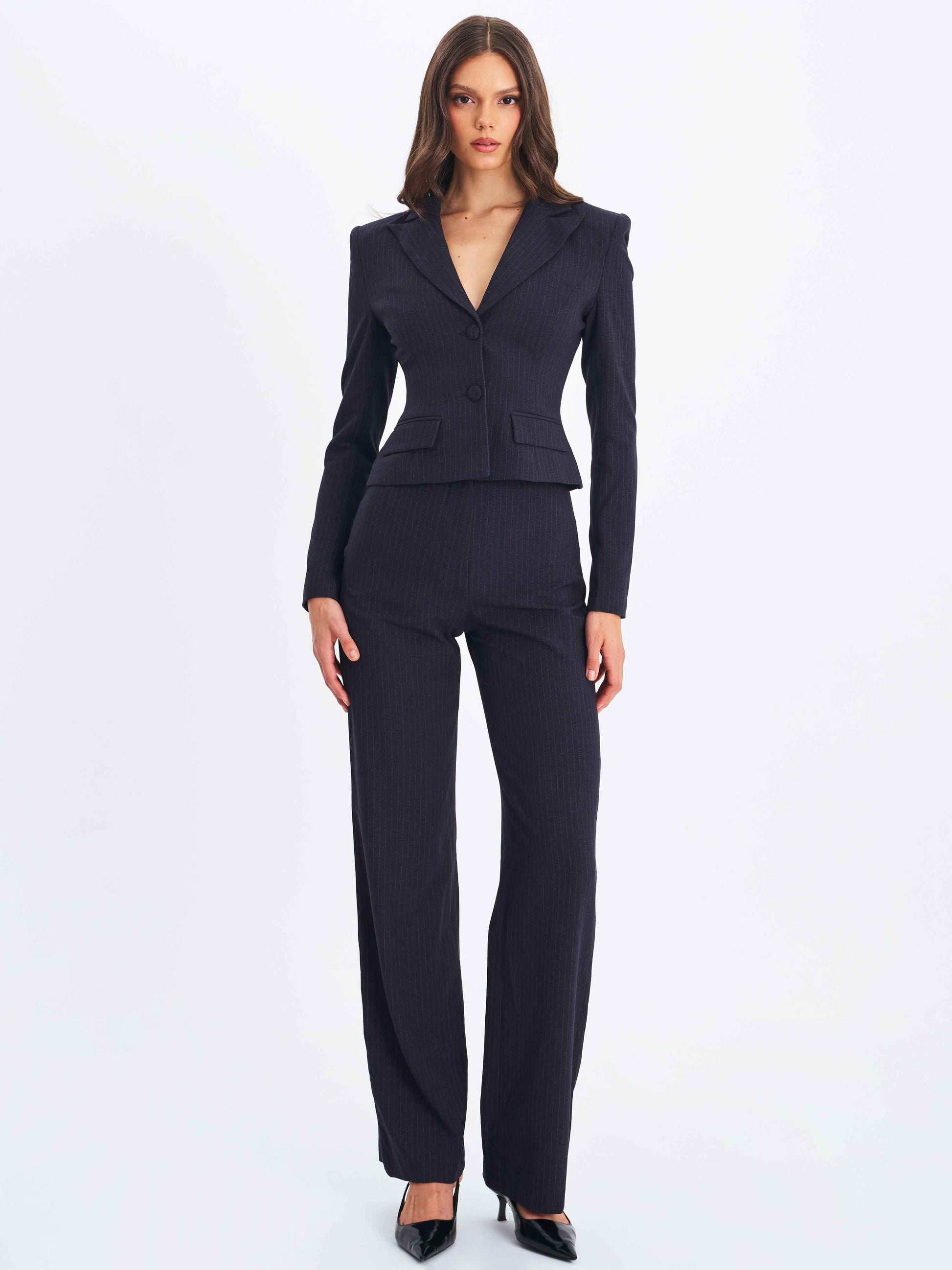 Quinne Navy Striped Single-Breasted Peplum Blazer