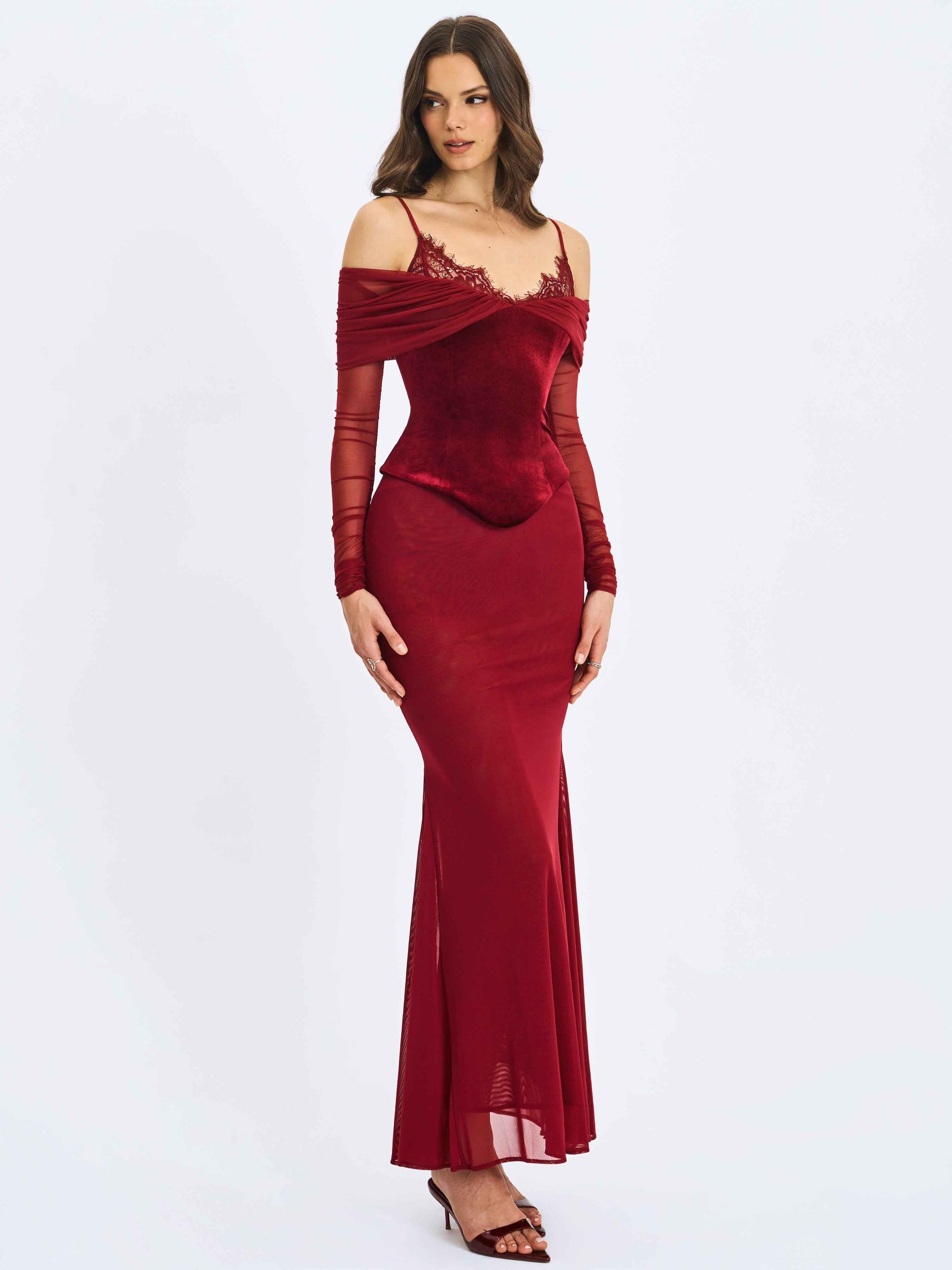 Maybelle Magenta Bardot Lace Strap Peplum Maxi Dress