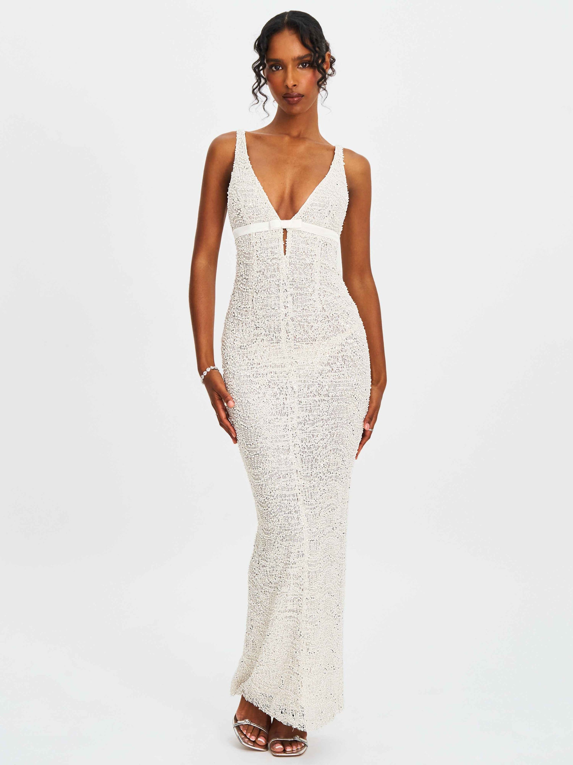 Adelaide White Beaded Sequin Net Bodycon Gown