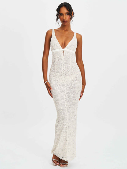 Adelaide White Beaded Sequin Net Bodycon Gown