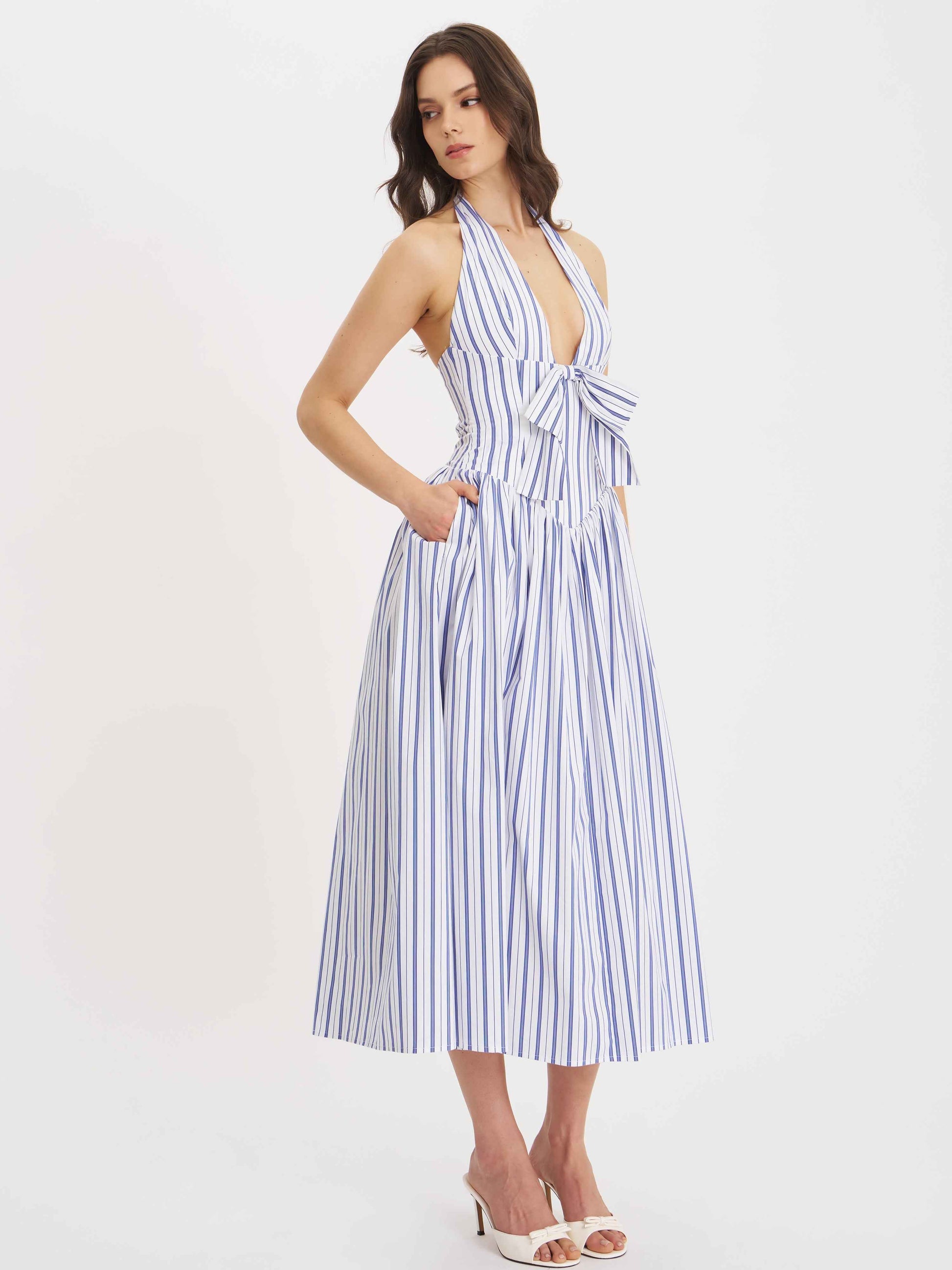 Mackenna Navy Stripe Halter Smock Back Maxi Dress