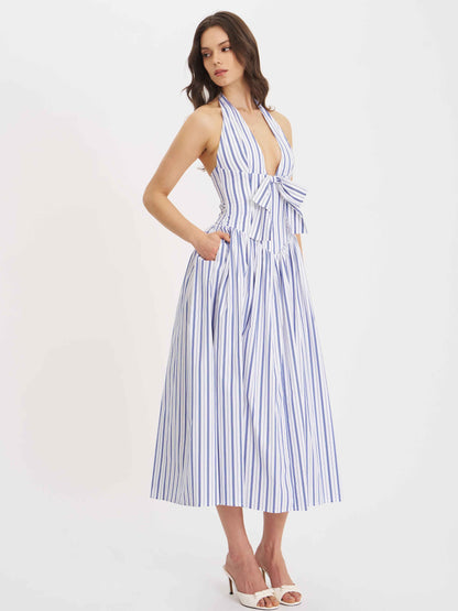 Mackenna Navy Stripe Halter Smock Back Maxi Dress