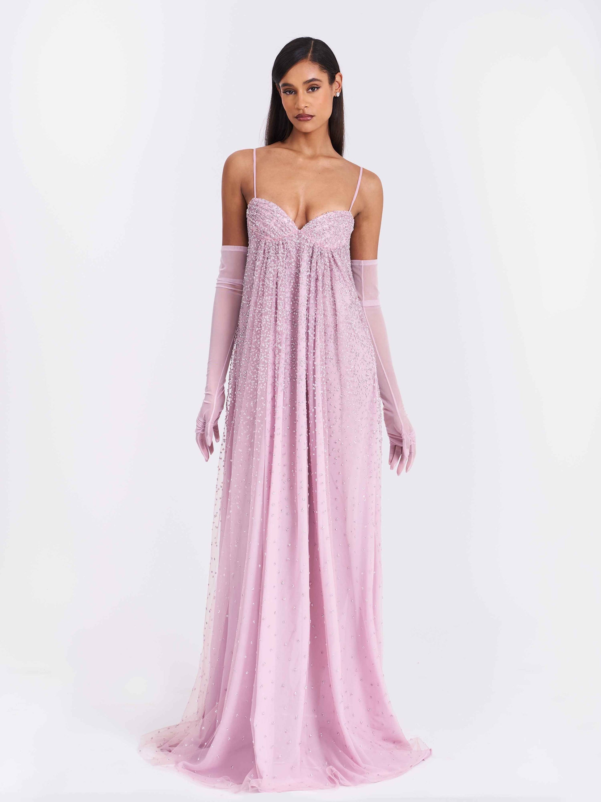Wallie Pink Rhinestone Embellished Mesh Backless Gown