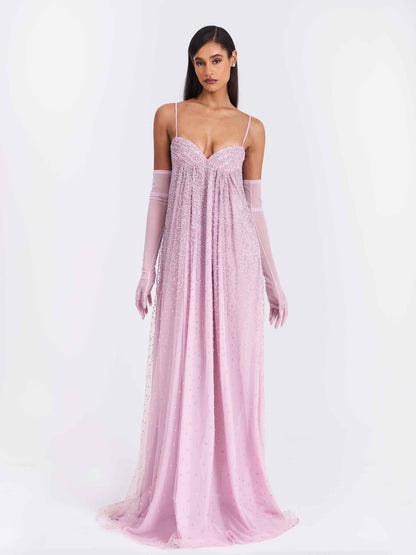 Wallie Pink Rhinestone Embellished Mesh Backless Gown