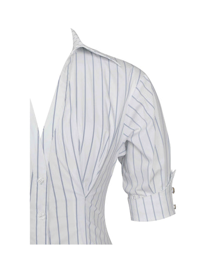 Palina Pinstripes Cotton Poplin Pleated Midi Preppy Shirt Dress