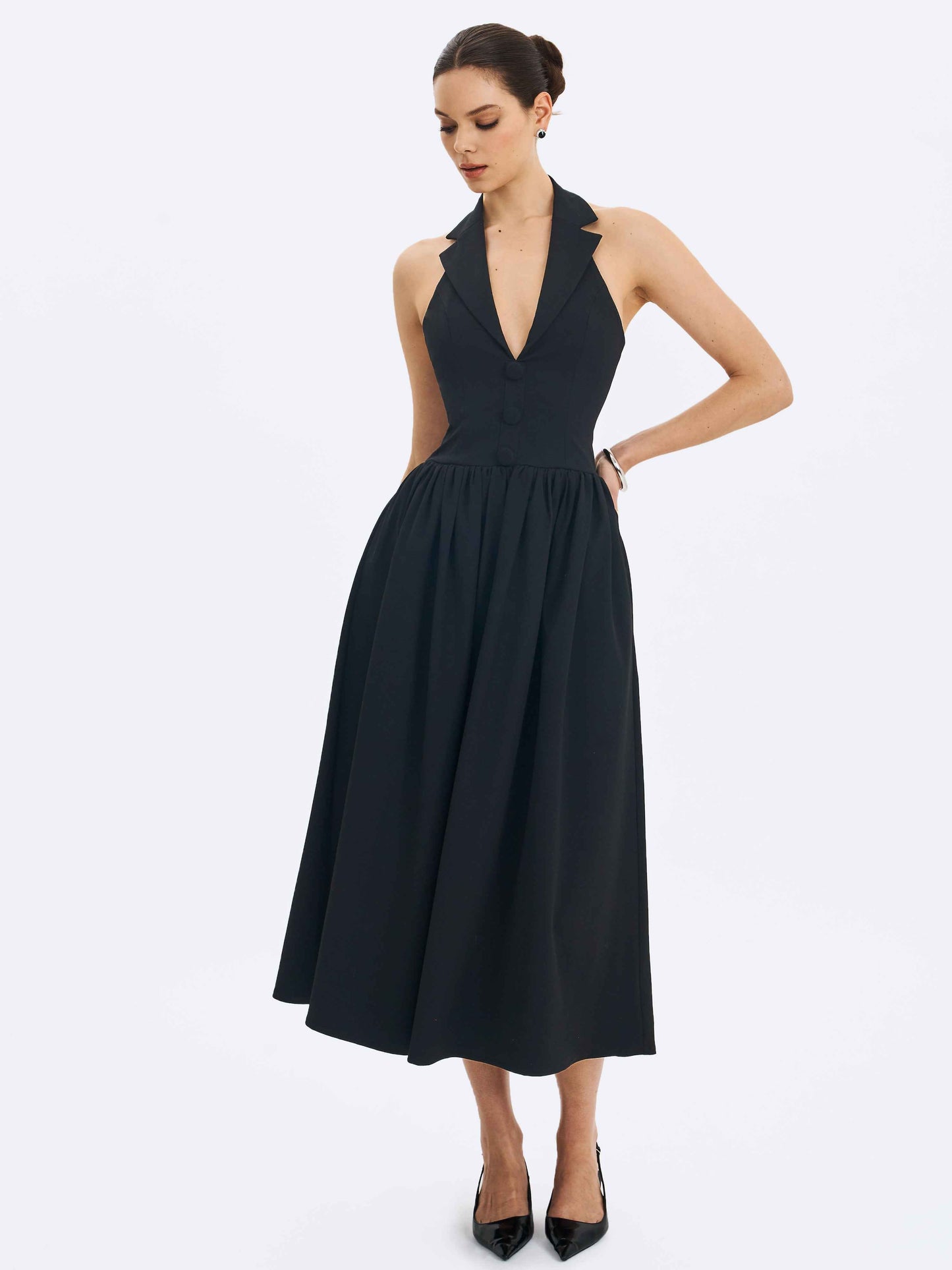 Delaney Black Lapel Halter Midi A-Line Dress