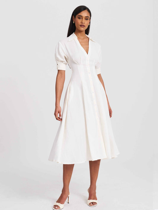 Palina Lyocell Pleated Midi Preppy Shirt Dress