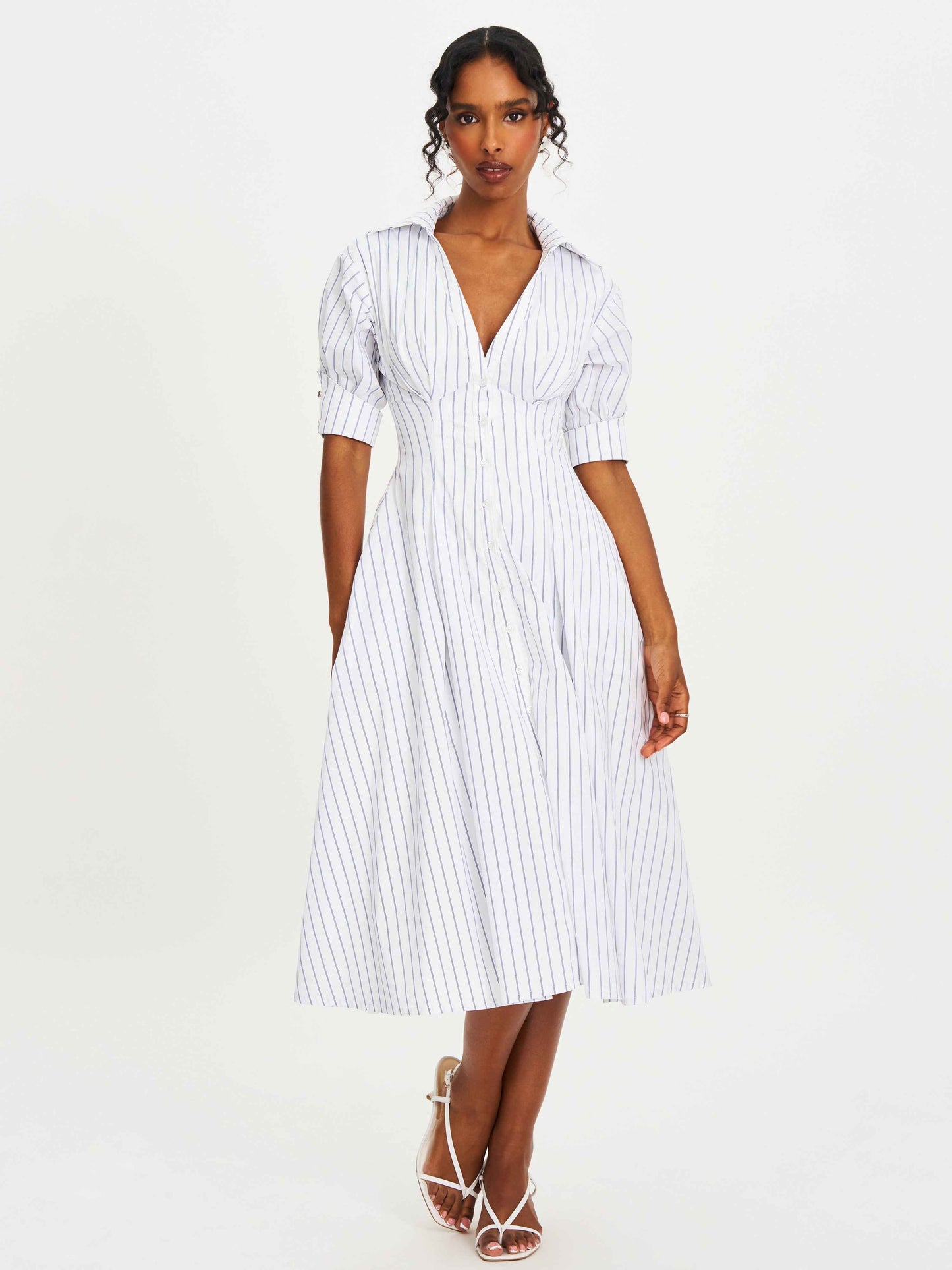Palina Pinstripes Cotton Poplin Pleated Midi Preppy Shirt Dress
