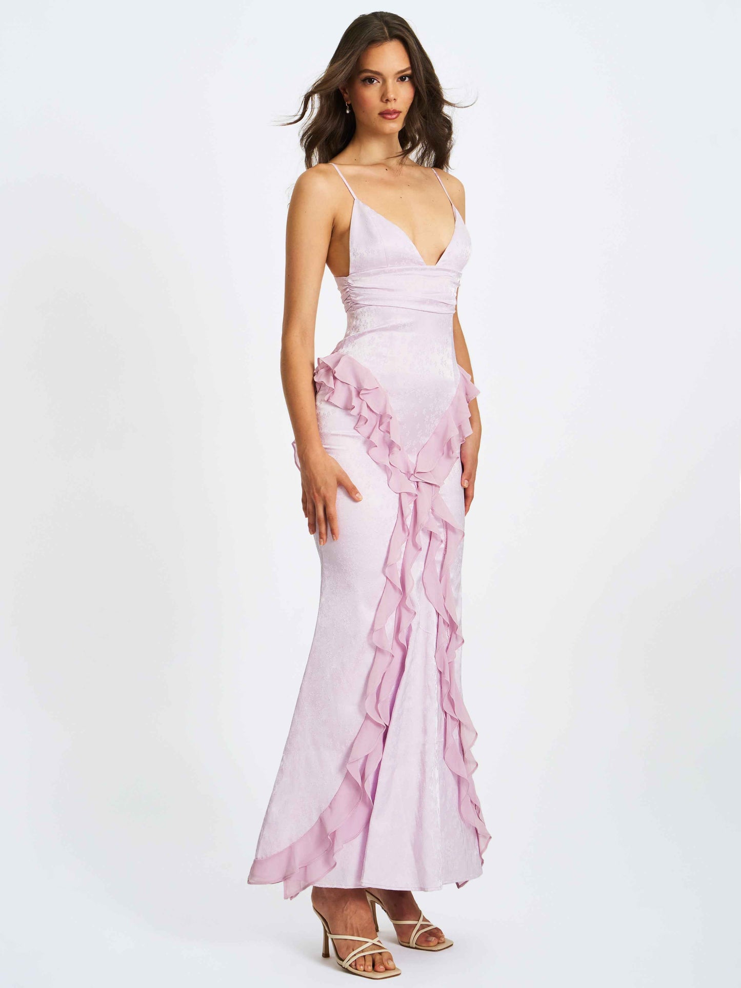 Paolina Taro Pink Jacquard Ruffle Mermaid Maxi Dress