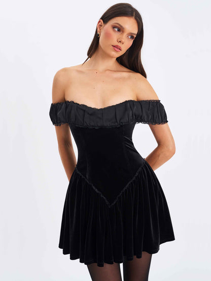 Daisha Black Lace Trimmed Off-Shoulder Ruched Mini Dress