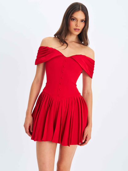 Narelle Crimson Off-Shoulder Sweetheart Drop Waist Mini Dress