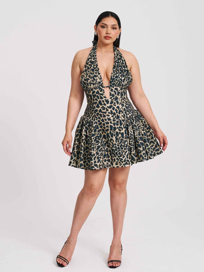 Mackenzie Cheetah Print Halter Linen Mini Dress