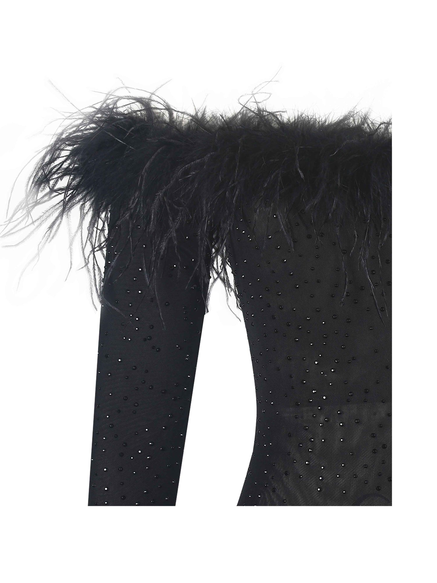 Emberly Black Fur Trimmed Off-Shoulder Rhinestone Mermaid Maxi Dress