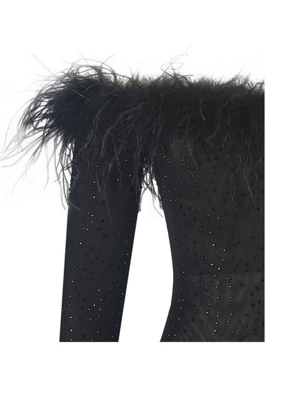 Emberly Black Fur Trimmed Off-Shoulder Rhinestone Mermaid Maxi Dress