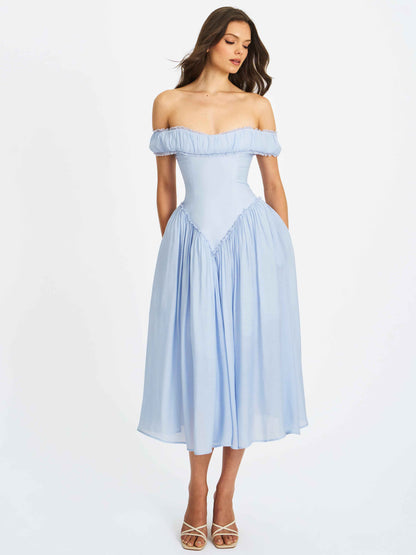 Xavy Baby Blue Off Shoulder Corset Midi Dress