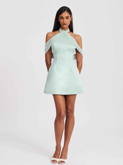 Zafrina Light Cyan Halter Off-shoulder Backless Mini Dress