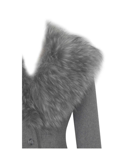Faye Grey Wool Blend Single-Breasted Coat with Removable Faux Fur Collar