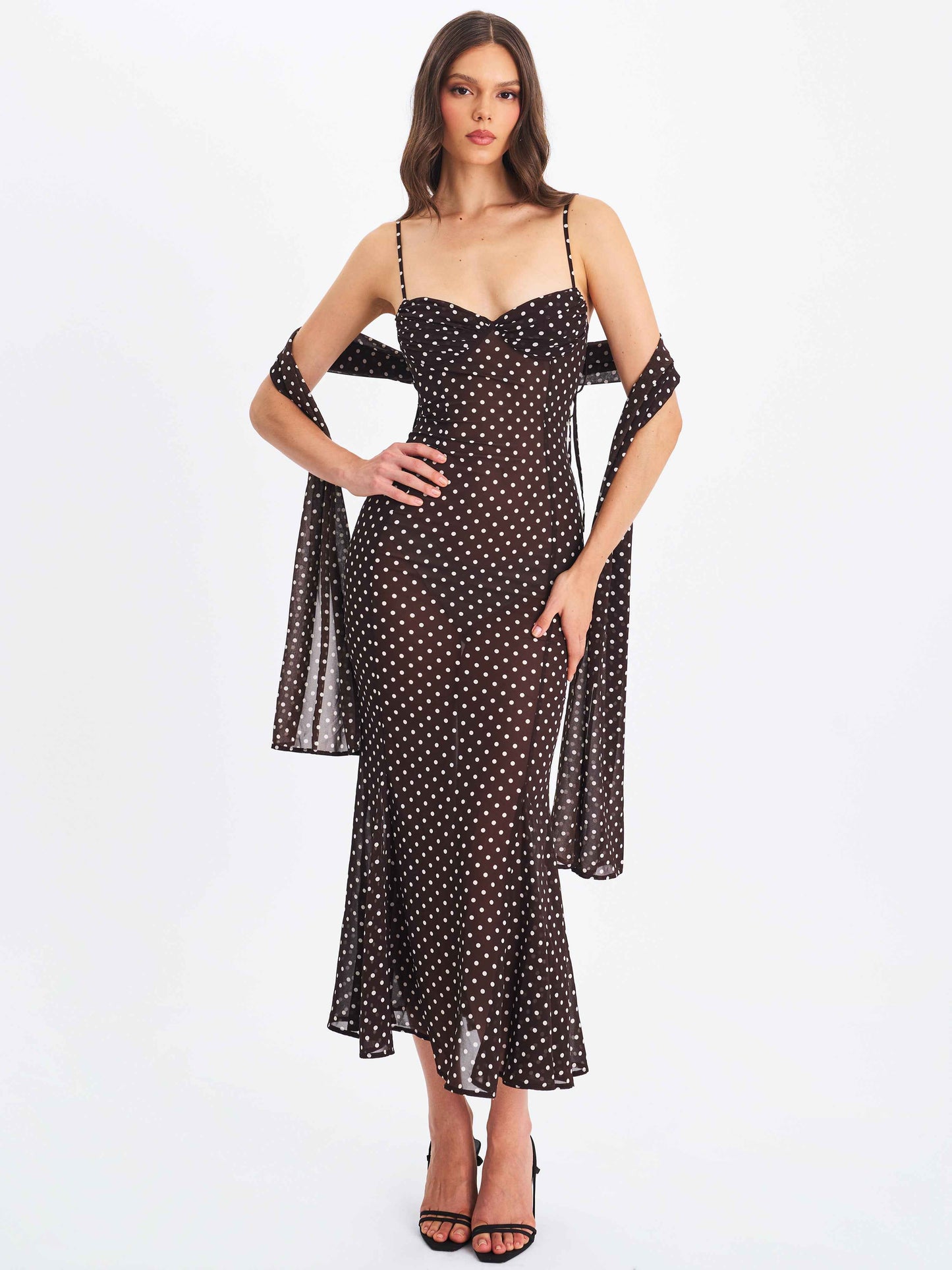 Yadira Brown Base Polka Dot Chiffon Maxi Dress
