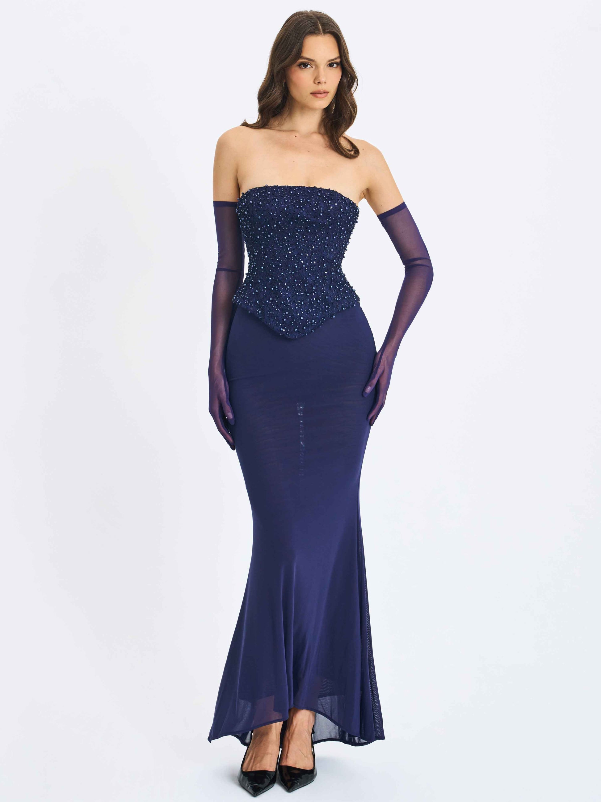 Orabelle Navy Beaded Peplum Mermaid Maxi Gown with Lace-up Back