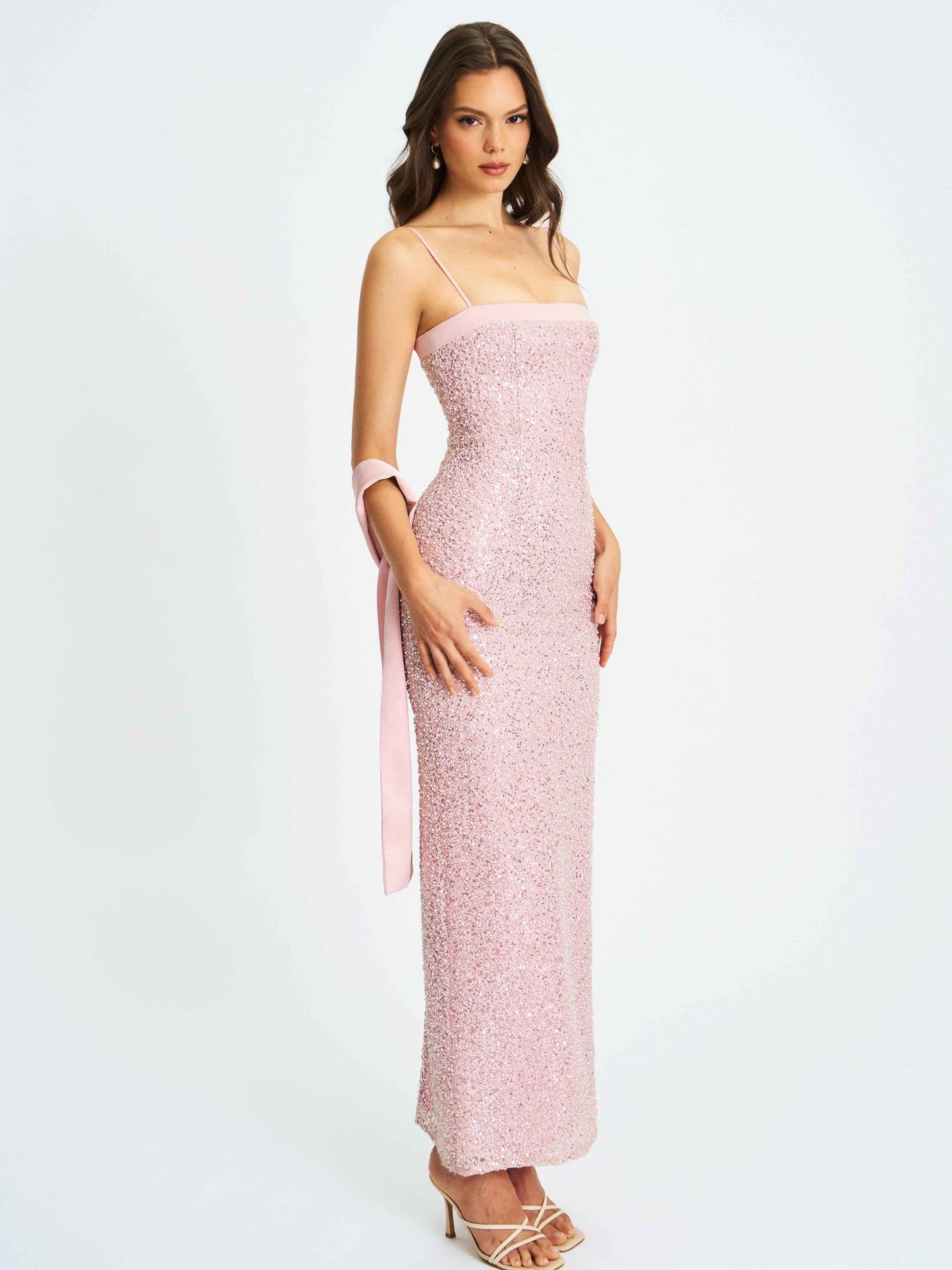 Raizel Pink Beaded Sequin Bodycon Gown with Scarf
