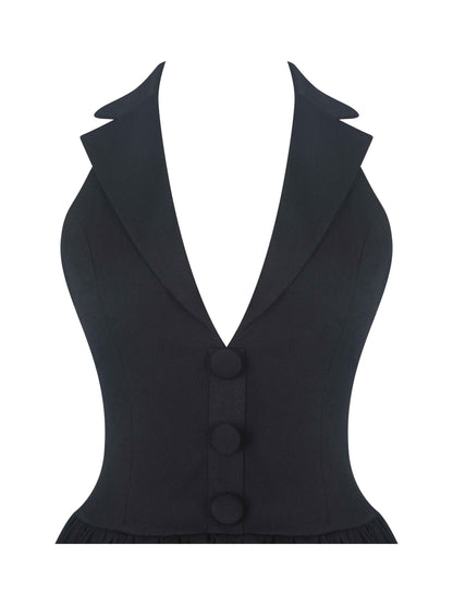 Delaney Black Lapel Halter Midi A-Line Dress