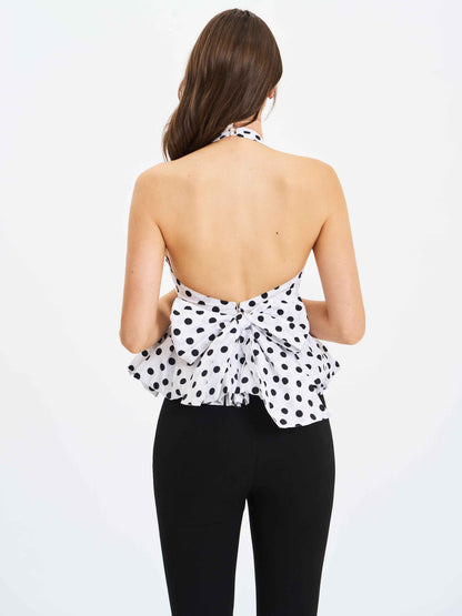 Ilene White and Black Polka Dot Bubble Hem Halter Top