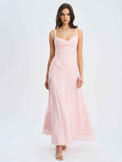 Mallory Baby Pink Stripe Jacquard High Slit Gown