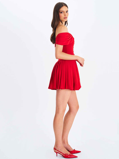 Narelle Crimson Off-Shoulder Sweetheart Drop Waist Mini Dress