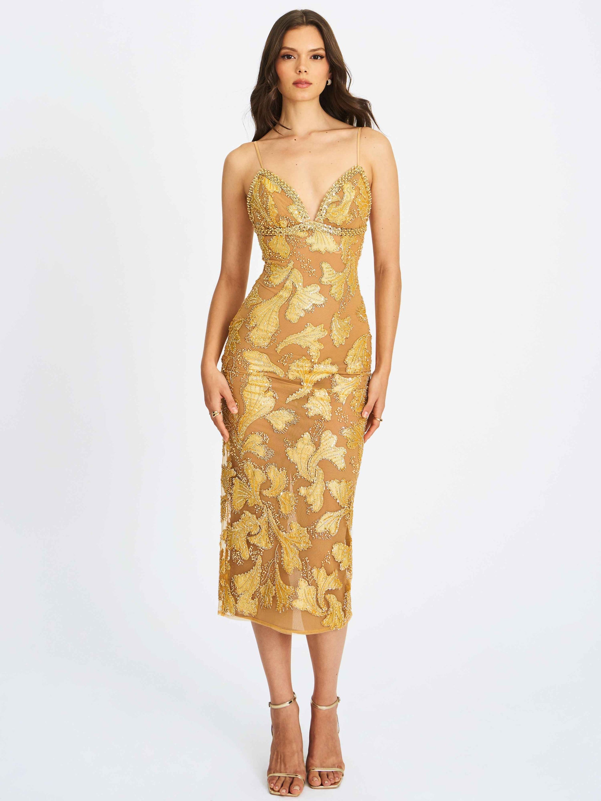 Edie Gold Beaded Sequin Midi Pencil Dress