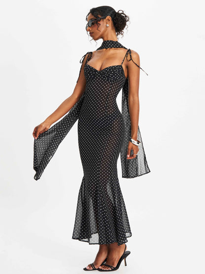 Yadira Black Base Polka Dot Chiffon Maxi Dress