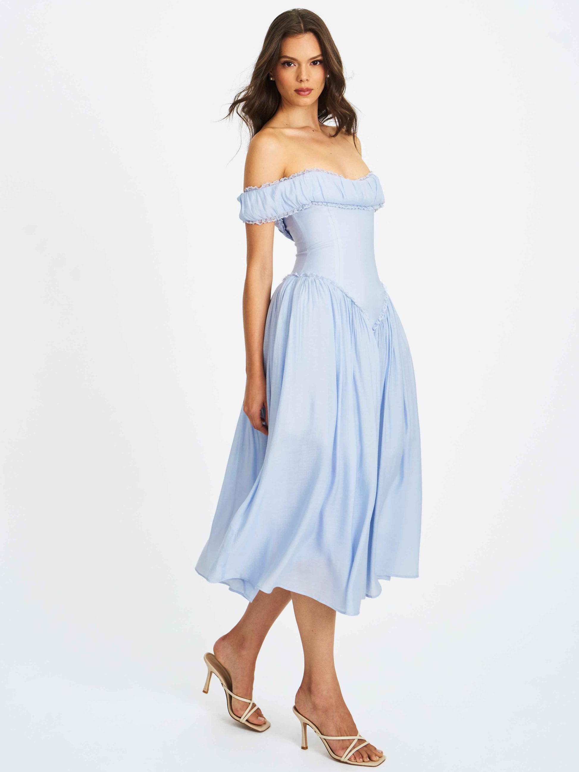 Xavy Baby Blue Off Shoulder Corset Midi Dress