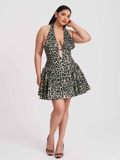 Mackenzie Cheetah Print Halter Linen Mini Dress