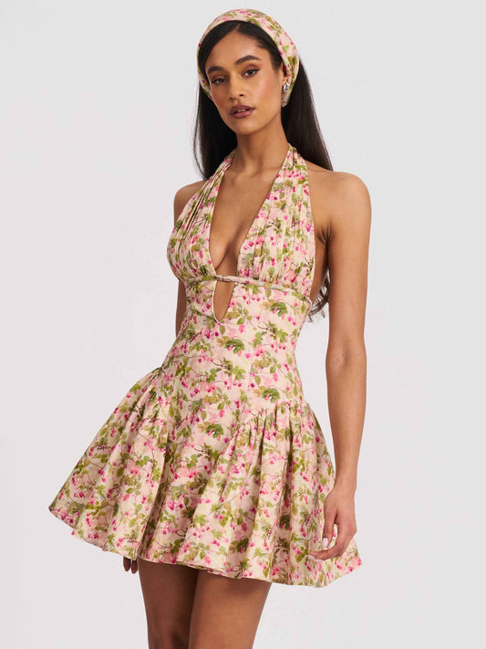 Mackenzie Green and Pink Floral Print Halter Linen Mini Dress