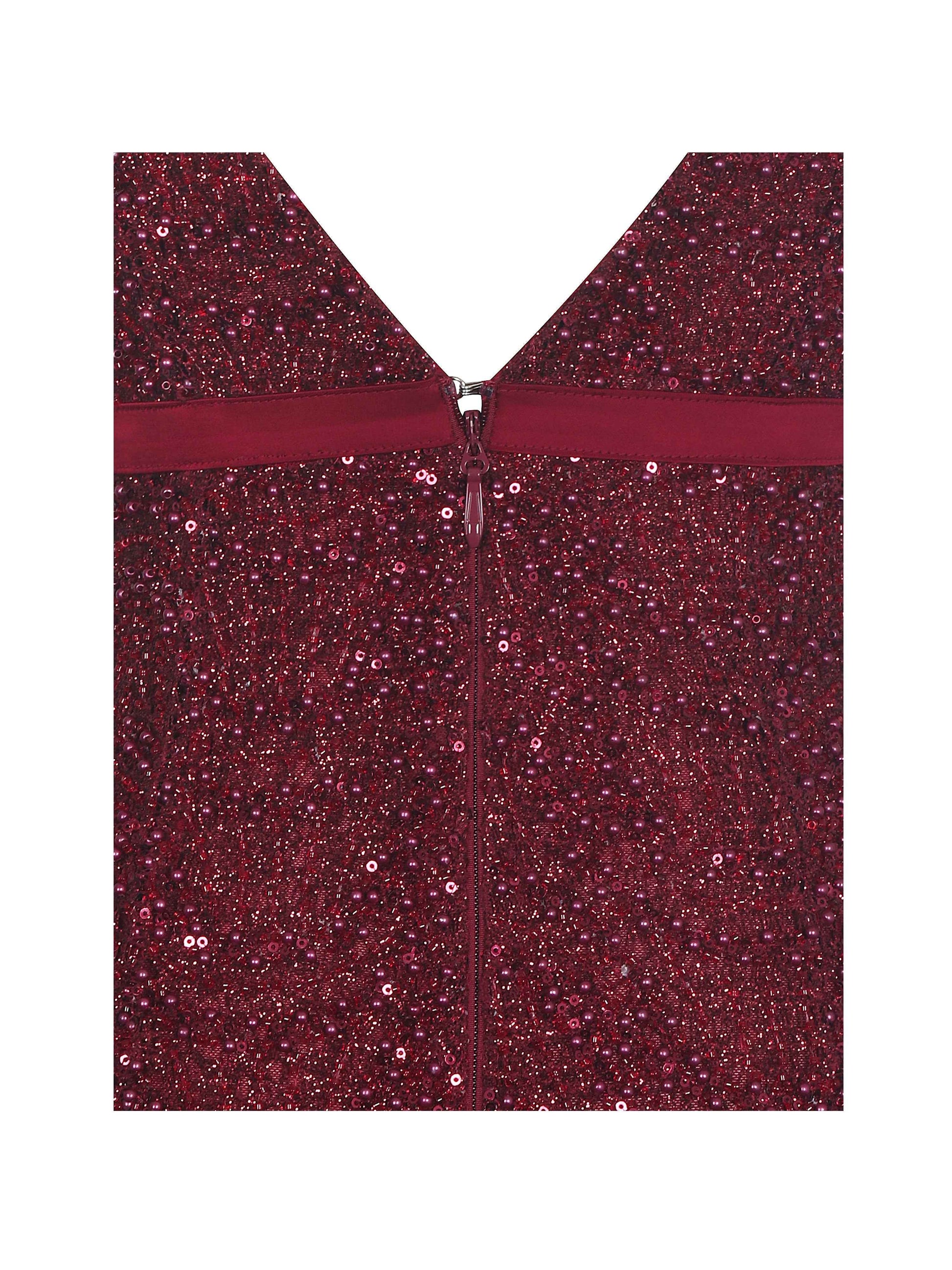 Elora Crimson Sequin Beaded Keyhole Maxi Dress