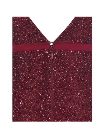 Elora Crimson Sequin Beaded Keyhole Maxi Dress