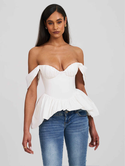 Qistina White Off-shoulder Bubble Hem Peplum Cotton Top