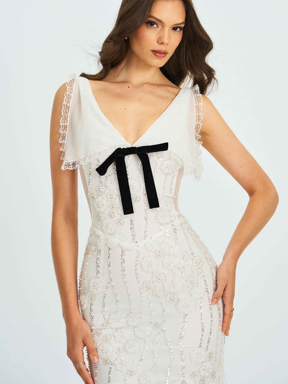 Paola White Peter Pan Collar Beaded Sequin Mermaid Midi Dress