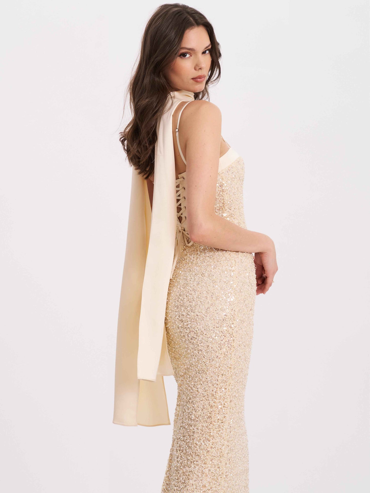 Raizel Gold Beaded Sequin Bodycon Gown with Scarf