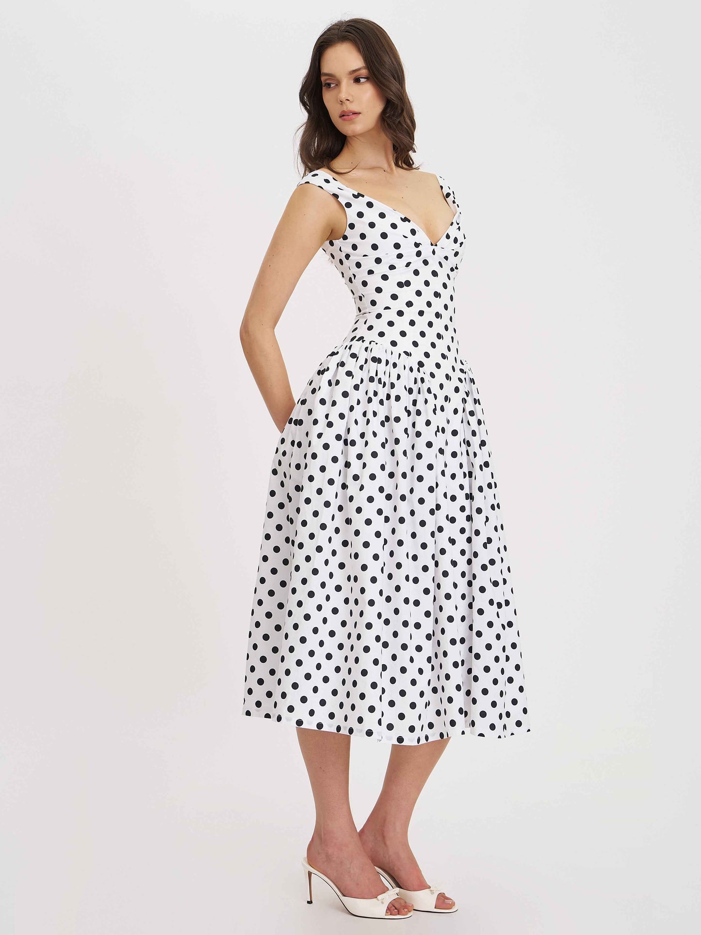 Rahma Polka Dot Drop Waist Midi Cotton Poplin Dress