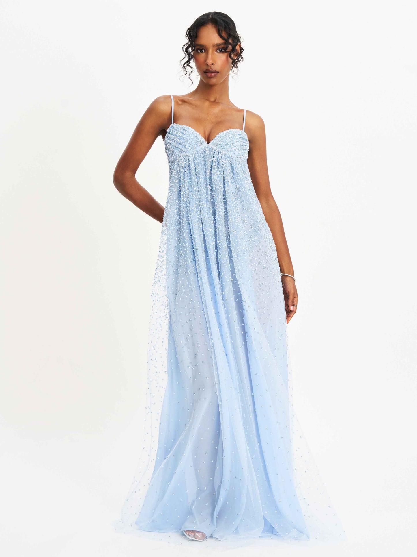 Wallie Baby Blue Rhinestone Embellished Mesh Backless Gown